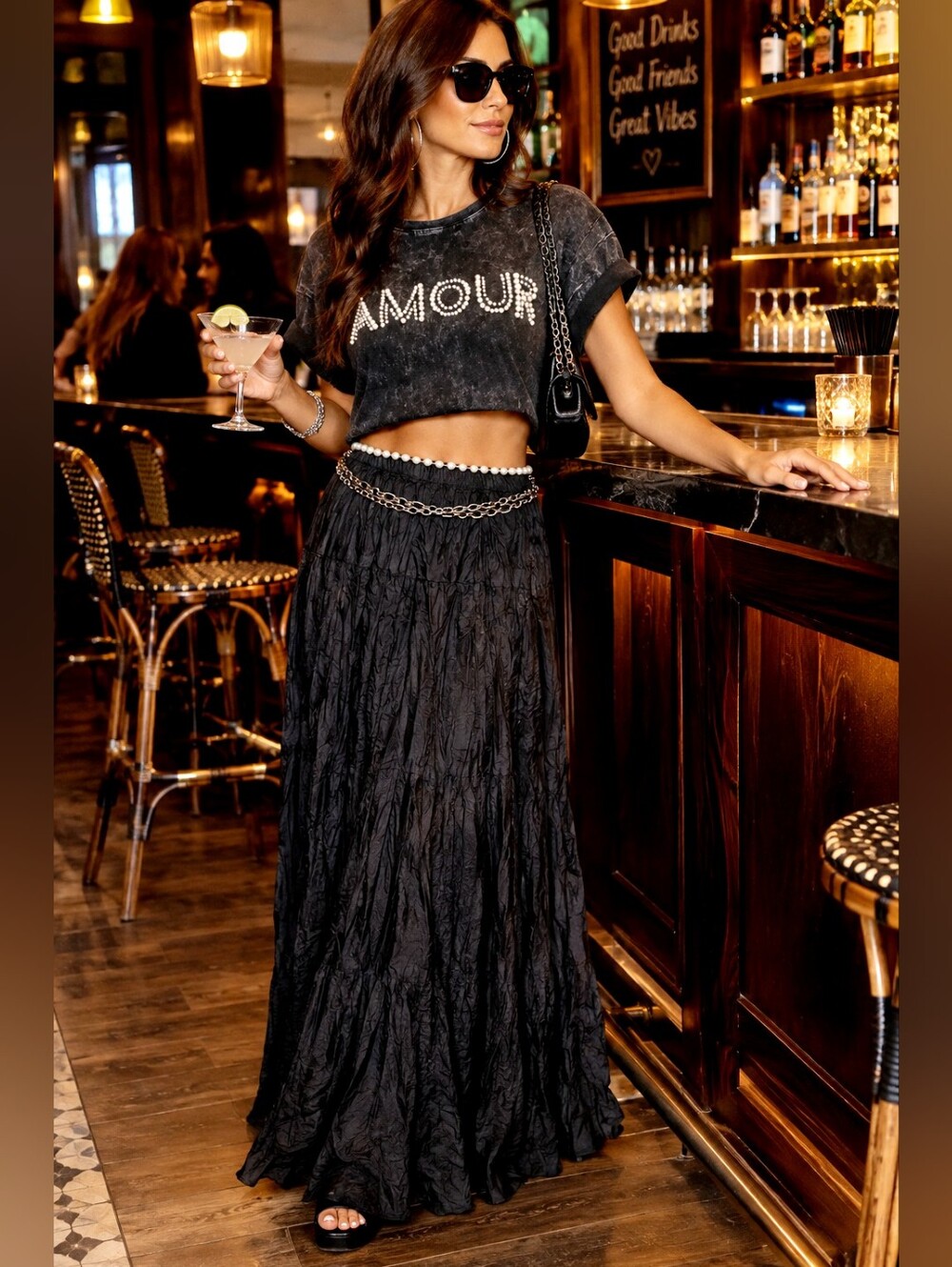 Black Crinkled Maxi Skirt M